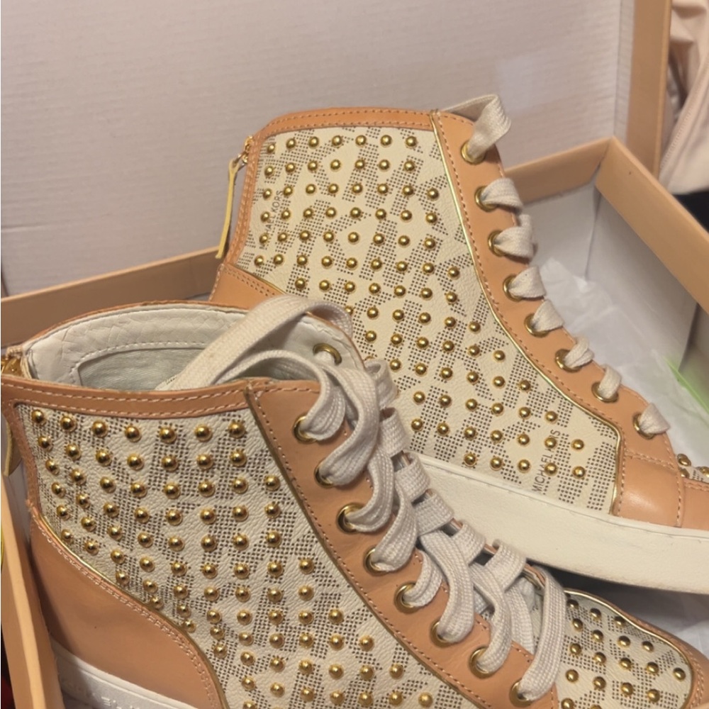 Michael Kors Gold Studded Cream and Tan Sneakers